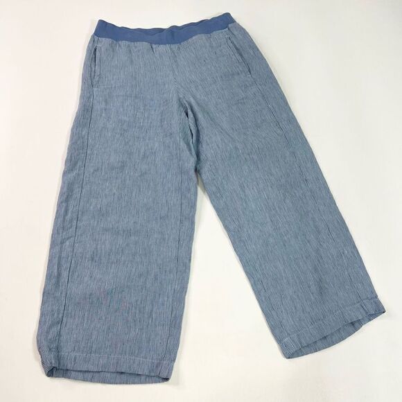 J.Jill Love Linen Pants Womens Small Blue Striped Cropped Wide Leg Elastic Waist - Picture 1 of 10